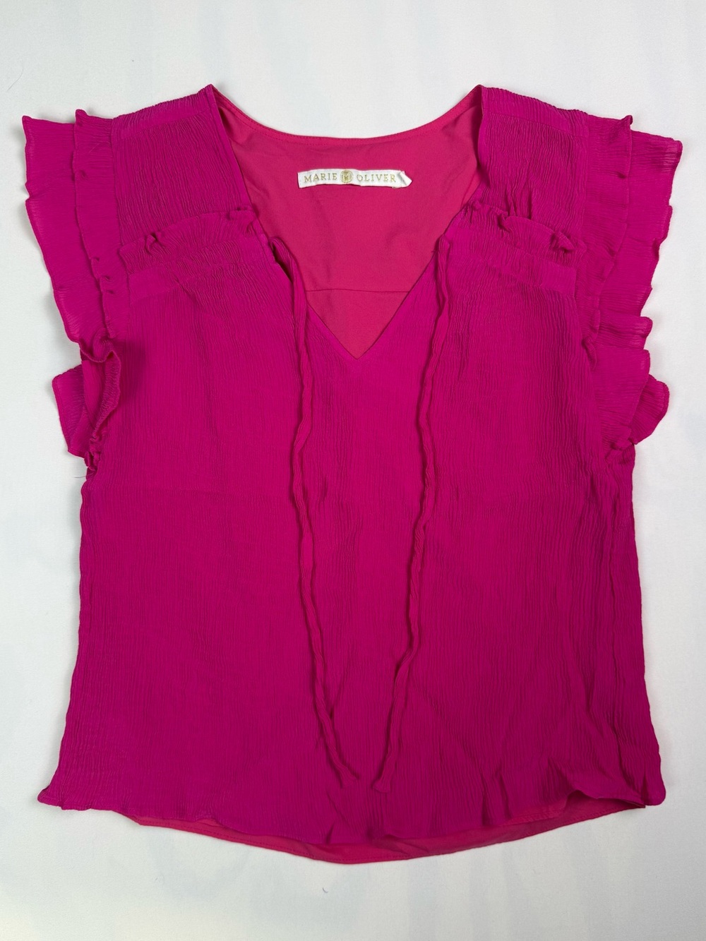 Marie Oliver Hot Pink Fuchsia Silk Blend Ruffle V Neck Blouse Top XS